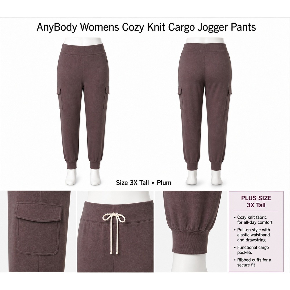 AnyBody Womens Cozy Knit Cargo Jogger Pants Plum 3X Tall A310169 NWT